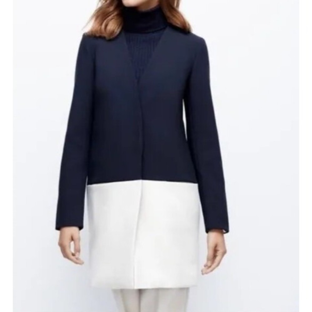 Ann Taylor Navy and White Two-Tone Long Coat